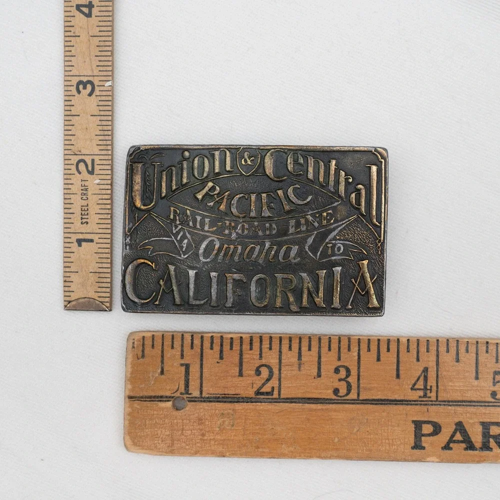 Vtg Union & Central Pacific Belt Buckle Railroad‎ Line Omaha to California Brass
